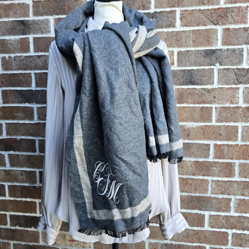 TRPS The Royal Standard Gray Plaid Monogram Blanket Scarf Oversized Wrap Shawl